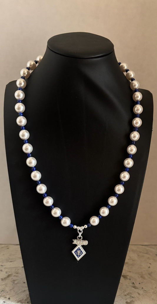 100 Year Pearl Necklace White and Blue Lapis